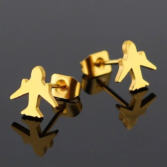 Jewelry - Gold Jet Airplane Plane Earrings‎ Studs - Pilot, Flight Attendant, Stewardess